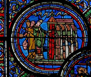 Fönster w23 som visar St Thomas Becket som inviger en kyrka av French School
