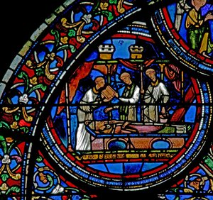 Fönster w23 som visar begravningen av St Thomas Becket av French School