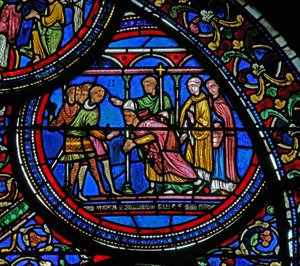Fönster w23 som visar mordet på St Thomas Becket av French School
