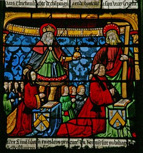 Fönster w3 som visar donatorer - Henriette de Mauroy och Simon Liboron med sina barn och skyddshelgonen St Henry och Simon av Cyrene av French School