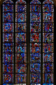 Fönster w53 som visar scener ur livet av St Catherine, St Nicholas, St John Baptist, St Stephen av French School