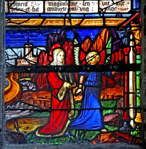 Fönster w5 föreställande Maria Magdalena; hon går i exil och vägleds av en ängel av French School