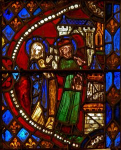 Fönster w6 som visar Joachim och St Anne återvänder från templet av French School