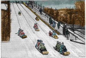 Vinterspel och sport: Tobogan-rutschkanan, berg-och dalbana i Montreal Park, Kanada. Gravyr i "" Nature. Journal of science och dess tillämpningar på konst och industri. av French School