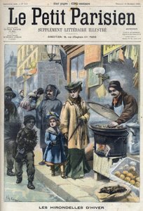 Vintersvalor: en ung skorstenspojke på gatan täckt av sot. På trottoaren en polis, en mor och dotter med en kastanjehandlare. Gravyr i "" Le Petit Parisien"" av French School