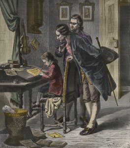 Wolfgang Amadeus Mozart skriver en konsert i närvaro av sin far, Leopold, illustration från "La Musique Populaire" av French School