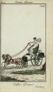 Kvinna i en grekisk frisyr som kör en vagn på Longchamp av French School