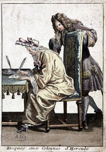 Kvinna i skjorta och nattmössa skriver ett brev med man, n.d. v. 1715. av French School