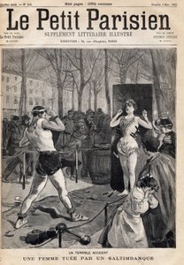 Kvinna dödades av en olycka under en show av saltibank på gatan, Place des Quinconces i Bordeaux. En av tidningarna "Le petit Parisien"" den 5/03/1893 (gravyr) av French School
