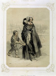 Kvinna från Granville och ung tiggare -i "" Illustrerad Normandie"" litografi av French School