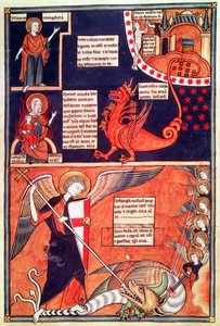Apokalypsens kvinna blir attackerad av den sjuhövdade draken och St. Michael som dödar draken, från Liber Floridus av Lambert de Saint-Omer, ca 1120 av French School