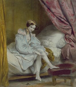 Kvinna som tar på sig strumpor, ca 1830