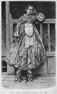 Kvinna som bär kabbab, från Syrien idag. Reser i Fenicien, Libanon och Judéen. 1875-1880 av Louis Charles Emile Lortet, 1884 (bw gravyr) av French School