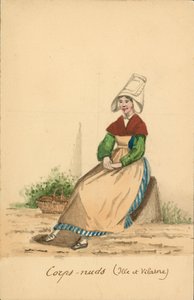 Kvinnodräkt från Corps-Nuds, Ille-et-Vilaine (färglitografi) av French School