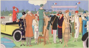 Dammode vid kapplöpningarna av designerna Jeanne Lanvin, Jean Patou, Premet, Georges Doeuillet (färglitografi) av French School