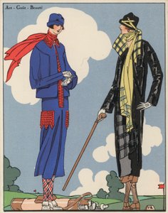 Golfmode för kvinnor från 1920-talet av formgivarna Martial och Armand samt Christoph Drecoll. (färglitografi) av French School
