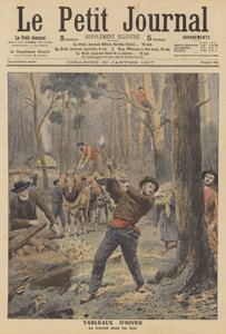 Vedhuggare på jobbet på vintern (färg litho) av French School