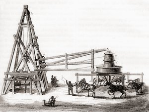 Arbetare som använde karusellen och vinschen för att borra de artesiska brunnarna i Grenelle, Frankrike på 1800-talet, från 