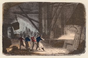Arbeta med järn i en ugn (färgad gravyr) av French School