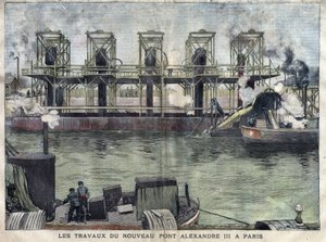 Arbetar i Paris vid Pont Alexandre III. Gravyr av april 1898 i "La petite Gironde""". av French School
