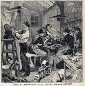 Workshop för att tillverka masker för förklädnader av Mardi Gras-festivalen (Mardi-Gras). I "" Le Petit Parisien"" den 14/02/1897 av French School