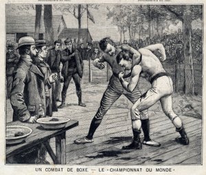 Världsmästerskap: boxningskamp mellan Jim Corbett och Bob Fitzsimmons i Carson, Nevada, USA: I "" The Little Parisien"" den 11/04/1897. Privat samling av French School
