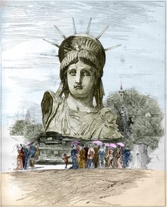 Världsutställning 1878 i Paris: chefen för Frihetsgudinnan av Frederic Auguste Bartholdi (1834-1904). Gravyr av Edgard Morin i ""The Illustrous World"" nr 1111 av 13 juli 1878. av French School