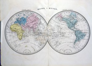 Världskarta, illustration från Atlas Geographic Moderne av Prosper-Auguste Poulain de Bossay, ca 1850