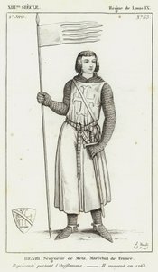 XIII-talet, Ludvig IX:s regeringstid, Henri, Lord of Metz, marskalk av Frankrike, representerad med Oriflamme, Han dog 1265 (gravyr) av French School