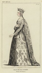 XIV Century, Blanche av Navarra, drottning av Frankrike (färgad gravyr) av French School