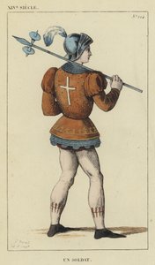 XIV Century, A Soldier (färgad gravyr) av French School