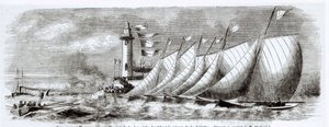 Yachter som rundar Joliette-fyren under 1864 års regatta i Marseille, från Le Monde Illustre, 17 september, 1864 av French School