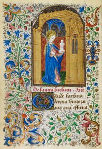 Yates Thompson 3, fol.289v Miniatyr av St. Barbara under en gyllene båge, bärande en palm och hennes torn, med en hel lövbladskant, i början av hennes rösträtt, från 