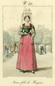 Ung flicka från Bayeux (färgad gravyr) av French School