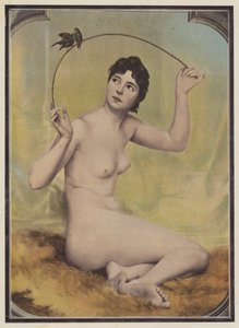 Ung naken kvinna med fåglar (färg litho) av French School