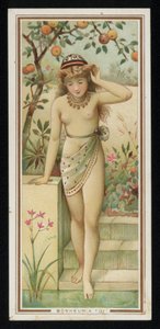 Ung kvinna i en trädgård, gratulationskort. (chromolitho) av French School