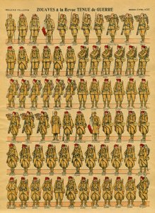 Zouaves, en fransk Armee-infanterienhet skapad 1830 av general Clauzel för erövringen av Algeriet. Epinal avbildning av French School