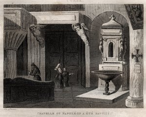 kapell där Napoleon döptes - kapell ou Napoleon a été baptise - Gravyr från "" Italy Picturesque"" - Historisk och beskrivande målning av Italien" av M. de Norvins, Ch. Nodier 1834-1836. av French School