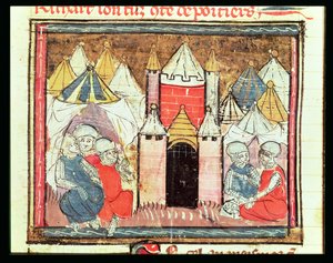 f.259r Belägringen av Chateau-Gaillard 1204 när Philip Augustus av Frankrike (1165-1223) besegrade kung John (Lackland) av England (1199-1216), från Grandes Chroniques de France, 1375-79 av French School