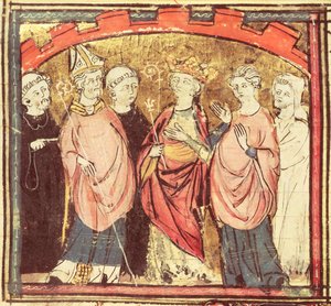 f.73r Dagobert I (605-39), kung av frankerna som tar emot kungariket Frankrike, från Grandes Chroniques de France, 1375-79 av French School