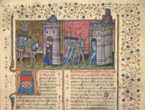f. 73: Siege of Brest, från "Chronicles of France and England", av Jean Froissart (vellum) av French School
