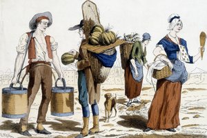 Illustration av 1700-talets Parisdräkter: vattenbärare, melonhandlare, chiffonnier, nöjeshandlare. av French School