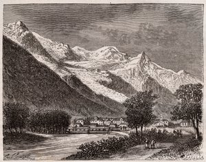 chamonixdalen och Mont Blanc - gravyr i "La France illustrée: geografi, historia, statistisk administration" av V.A. Malt-Brown. 1884 av French School
