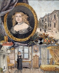 porträtt av Marie de Rabutin-Chantal (Rabutin Chantal), markisin av Sevigne känd som Madame de Sevigne (1626-1696) och hennes bostad Hotel Carnavalet. av French School