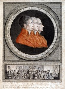 porträtt av de tre konsulerna, Napoleon Bonaparte (1769-1821), Jean Jacques Regis (Jean-Jacques-Regis) de Cambaceres (1753-1824) och Charles Francois Lebrun (1739-1824)” av French School