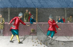 kort palm guld äkta tennis - Vy över ett palmspel på 1700-talet av French School
