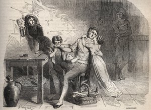 The Lyon post post-affären - Case du courrier de Lyon: Joseph Lesurques farväl till sin familj: förmodligen inblandad i fallet med Lyon-posten 1796 anklagades han felaktigt för att ha attackerat Lyon poststammen och var giljotin - Gravyr i " av French School