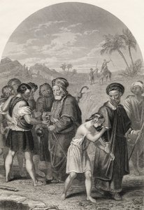 Josef säljs av sina bröder, graverad av S. Allen, från "The National Illustrated Family Bible", utgiven ca 1870 (litografi) av Friedrich (after) Overbeck