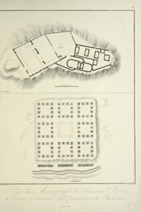 Plan över en befäst inkabostad i Assuay; och ruinerna av den antika peruanska staden Chulucanas, graverade av Bouquet, illustration från "Views of the Cordilleras and Monuments of the Ursprungsbefolkning i Amerika" av Alexander von Humboldt och Aime Bonpla