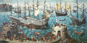 Ombordstigning av Henrik VIII (1491-1547) ombord på Henry Grace a Dieu 1520, kopierad från en målning av Vincent Volpi